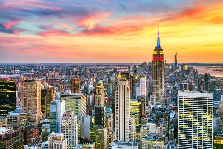 The Manhattan skyline at sunset, the Empire State Building at its centre