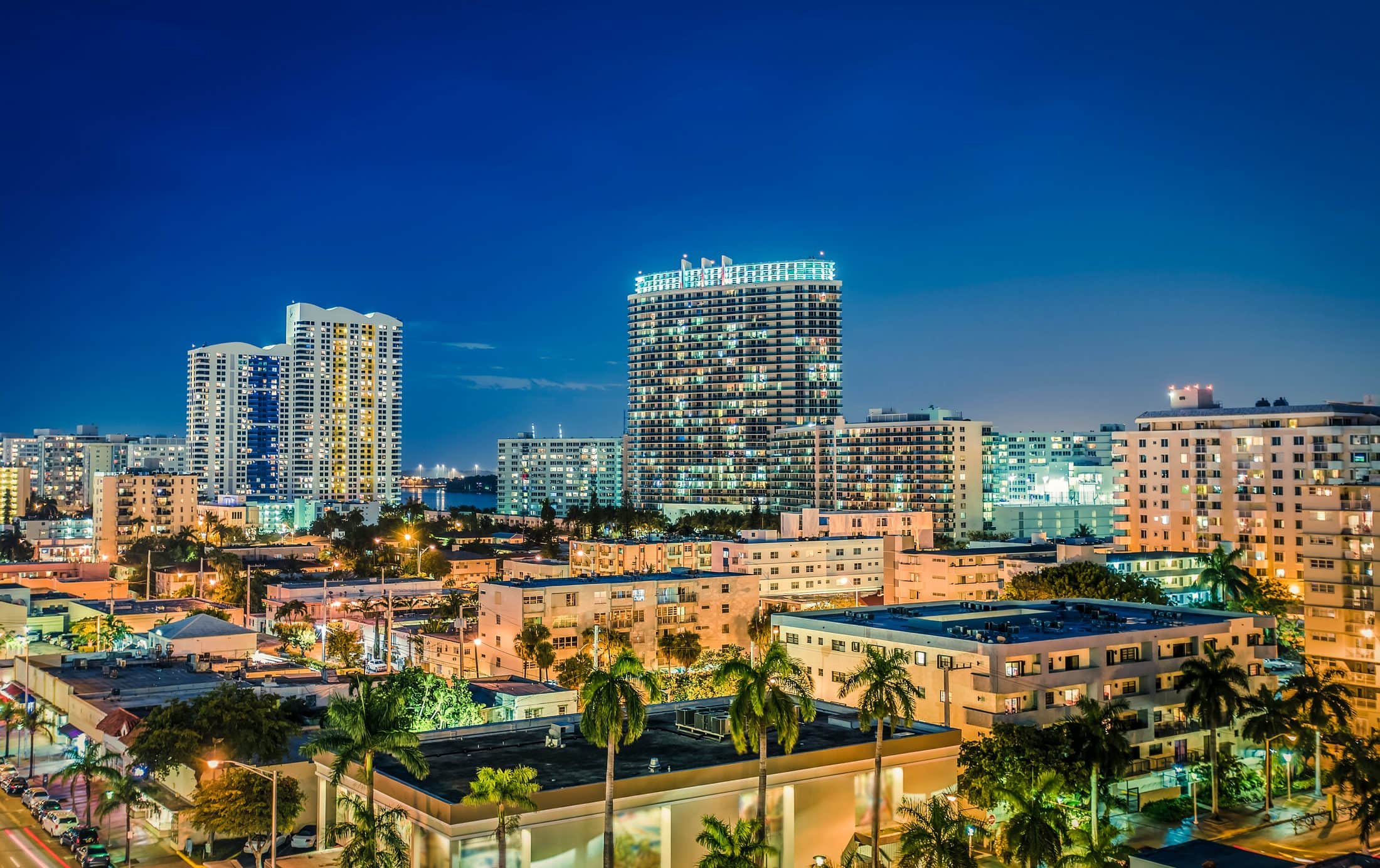 The Florida waterfront skyline at dusk
