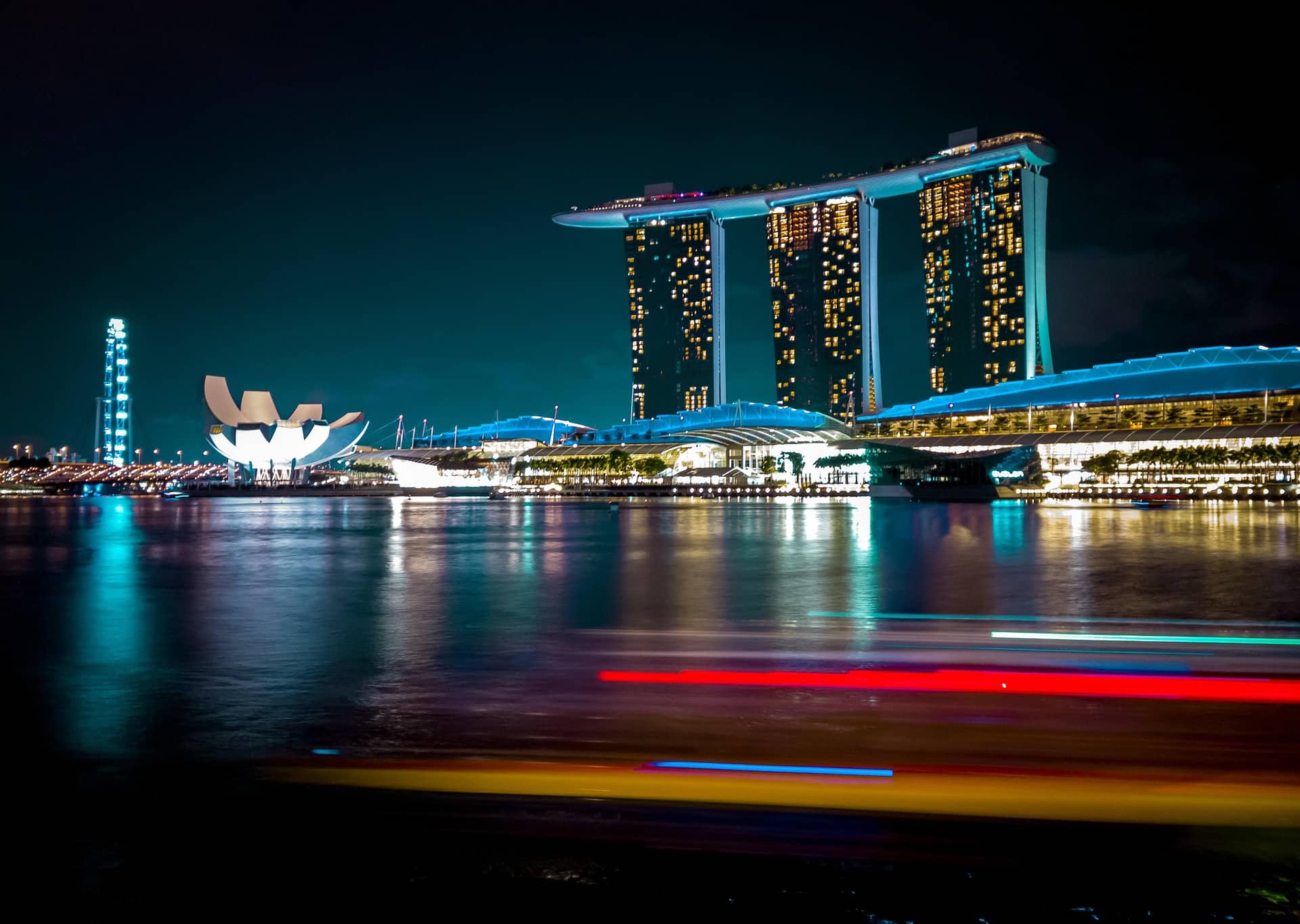 Marina Bay Sands, the ArtScience Museum and Singapore's skyline under bright blue skies